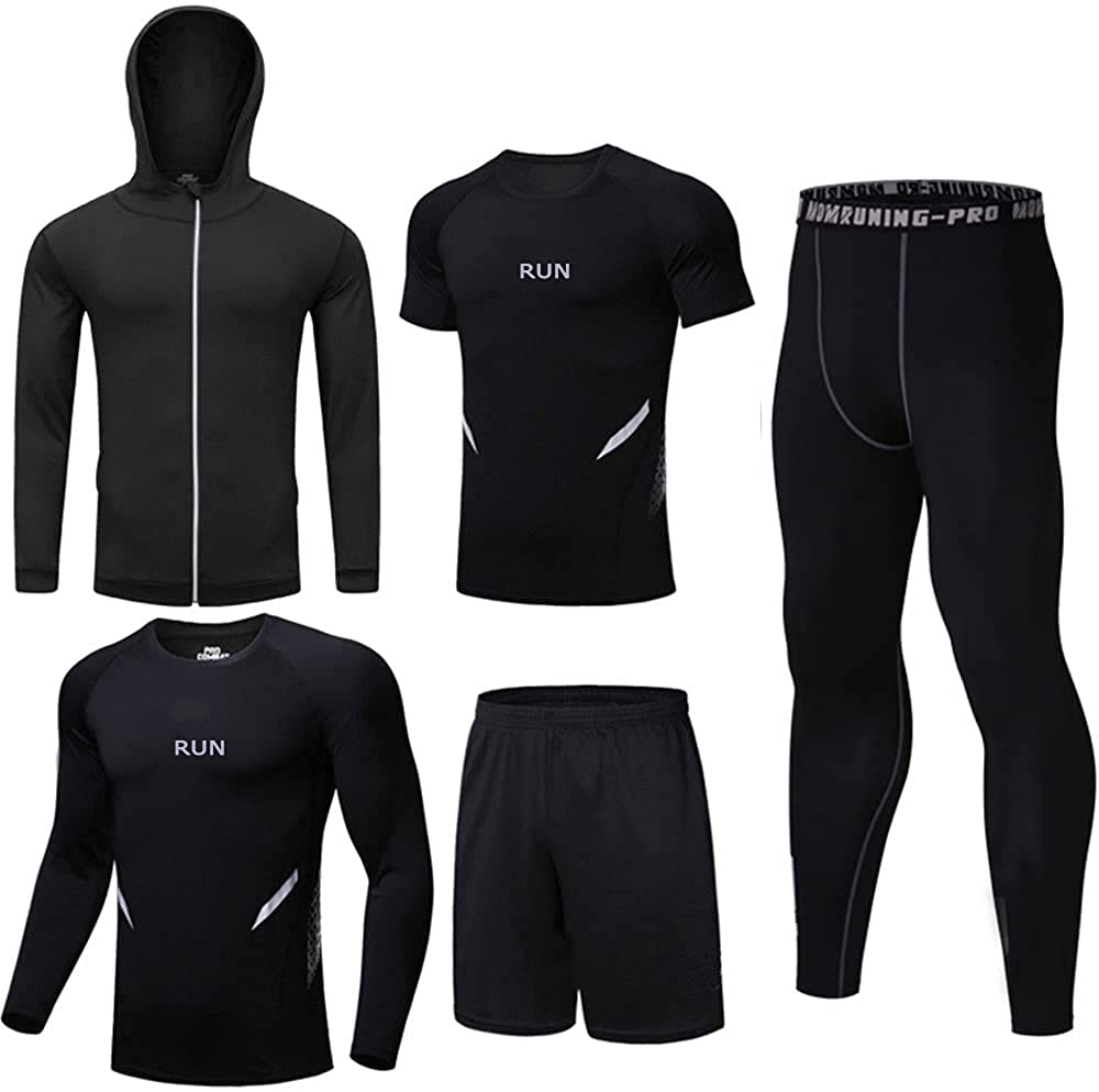 BUYJYA 5Pcs Mens Compression Pants Shirt Top Long Sleeve Jacket Athletic Sets Gym Clothing