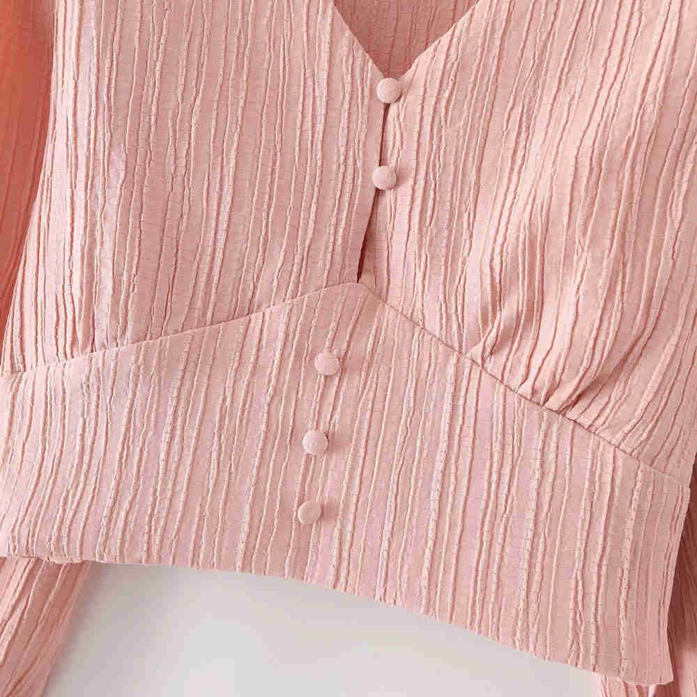 Fashion Buttons Cropped Blouse - V-Neck Polyester Top