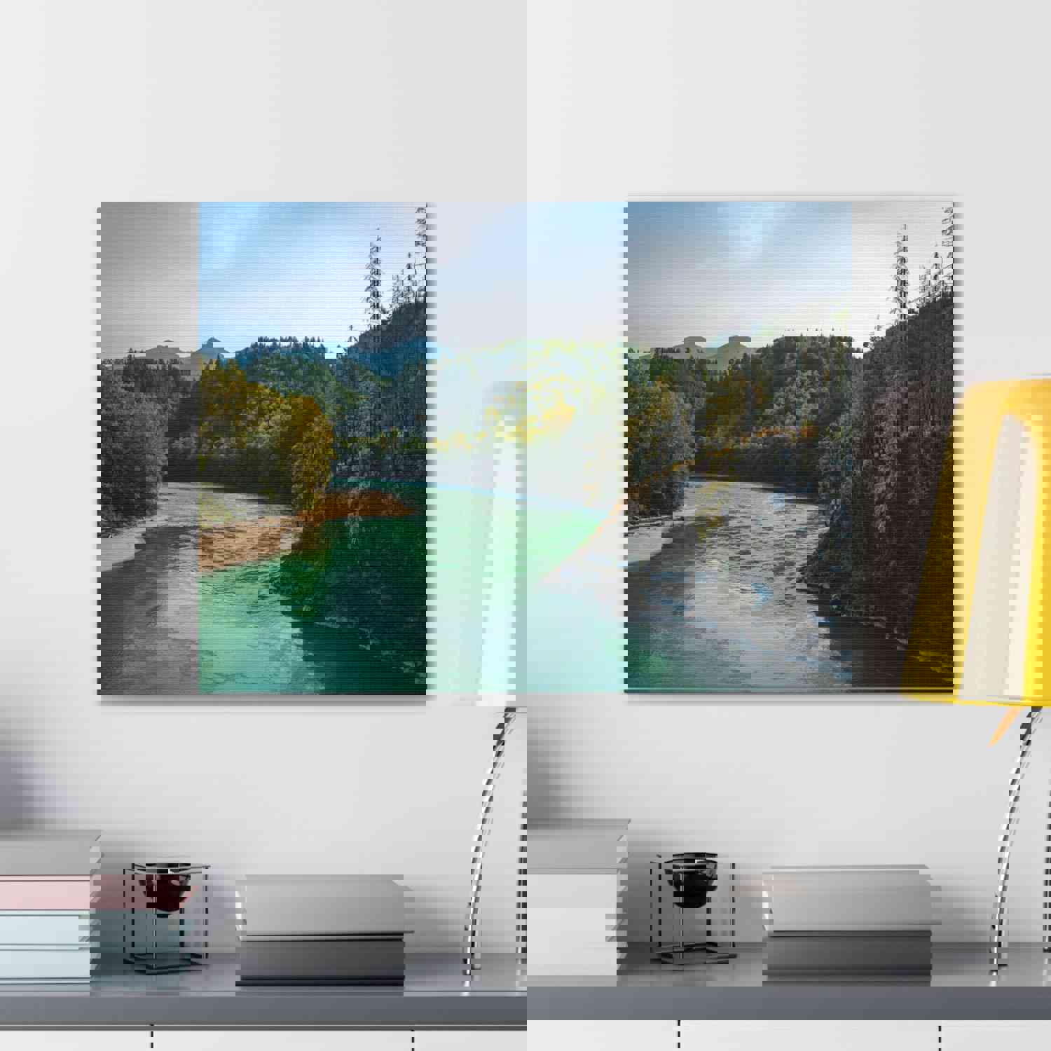 River Through Pine Tree Green Forest Nature Wilderness Photography Canvas Wall Art for Home Decor