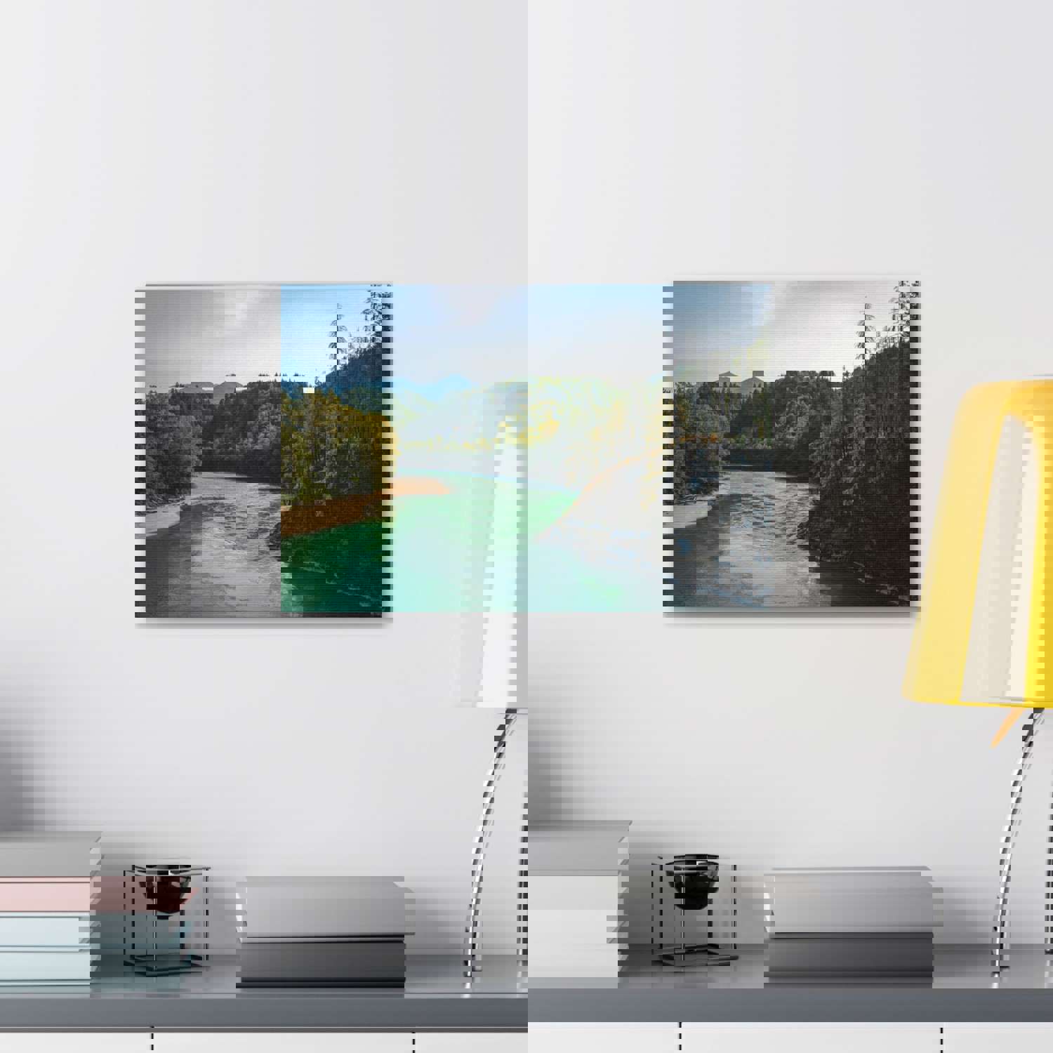 River Through Pine Tree Green Forest Nature Wilderness Photography Canvas Wall Art for Home Decor