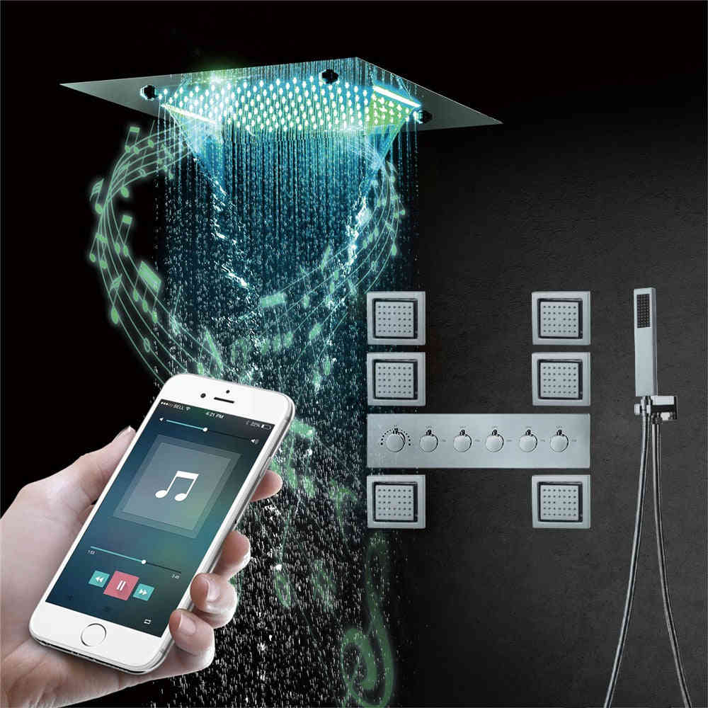 MONACO Chrome 20x20 Complete Luxury LED Music Shower Set with Rainfall, Waterfall, Mist Spray and 6 Body Jets