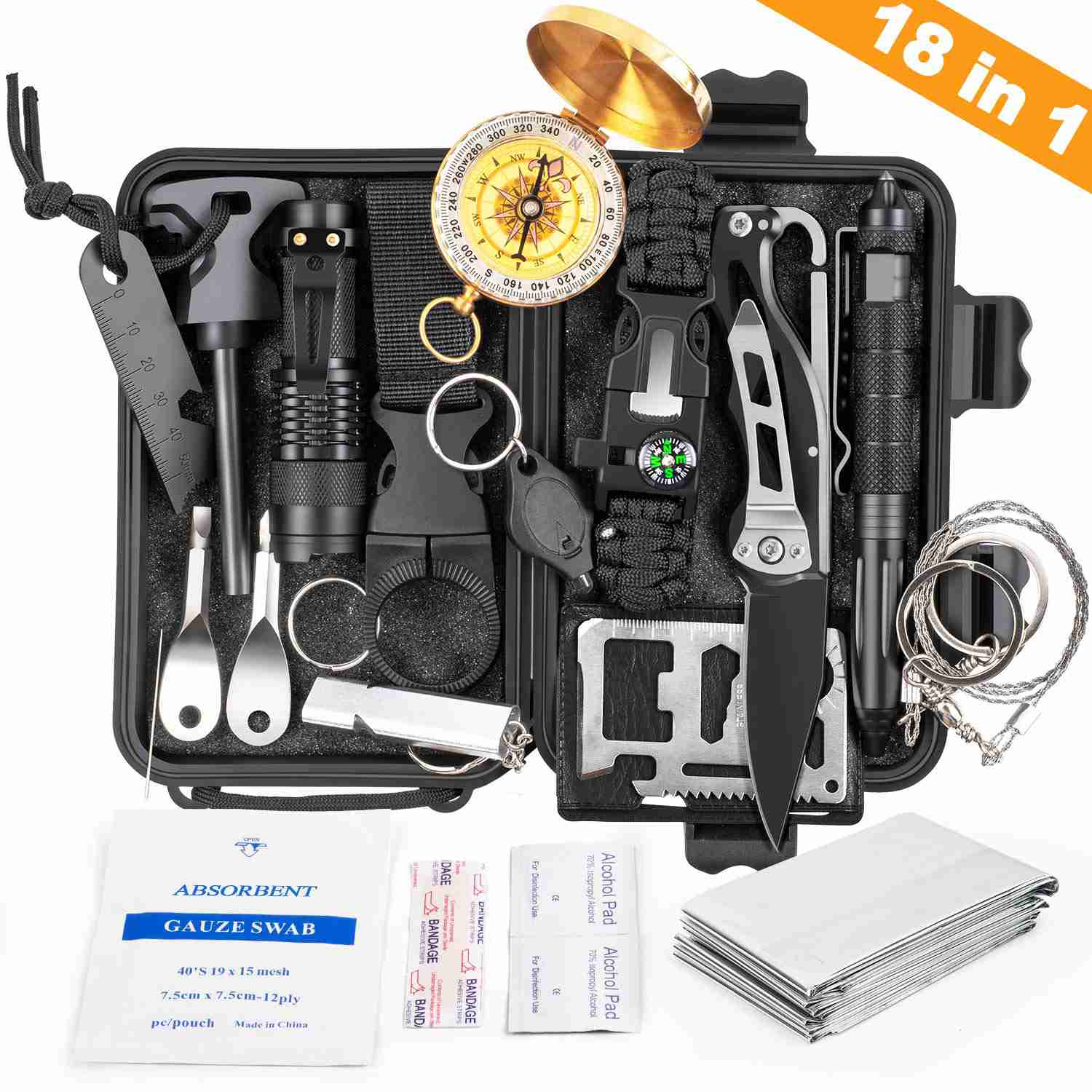 KOSIN 18 in 1 Emergency Survival Kit, Tactical Outdoor Gear for Adventure