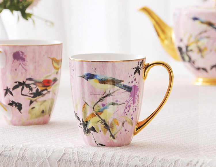 Elegant Pink Ceramic Coffee Mug with Bird Flower Design, Large Capacity Bone China Porcelain Mug