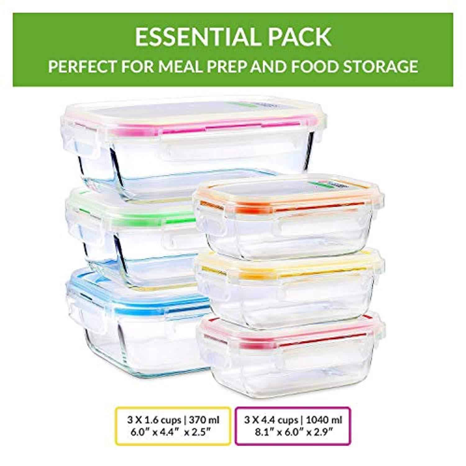 Glass Food Storage Containers with Lids - 6 Pack, 2 Sizes (35 Oz, 12 Oz) - Airtight and Leakproof