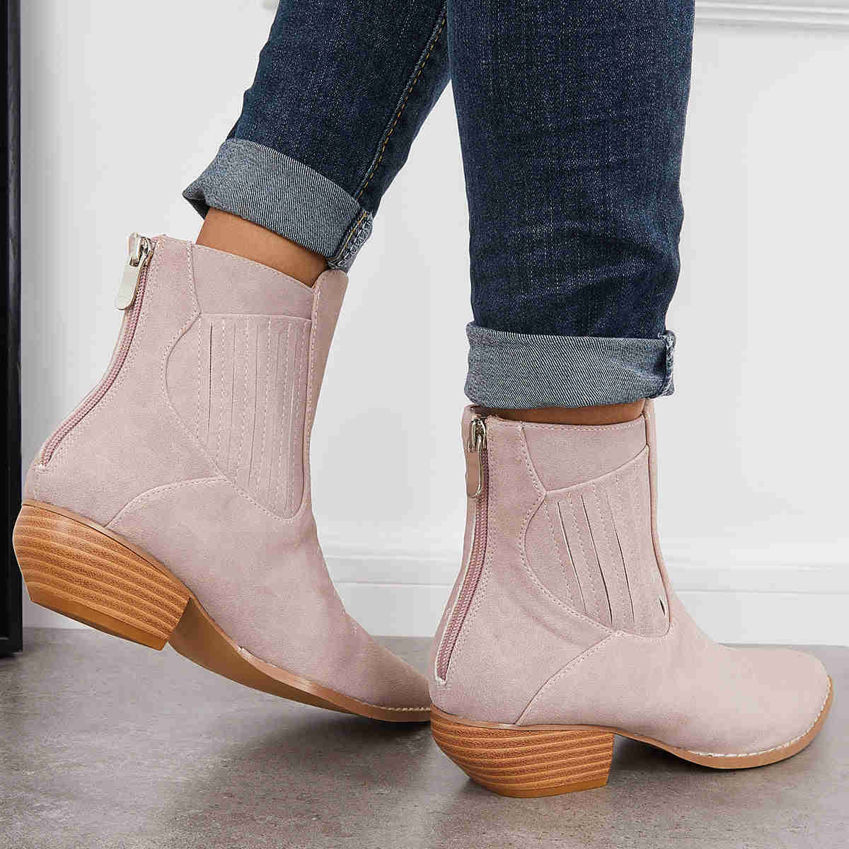 Western Cowboy Booties Chunky Stacked Heel Zipper Ankle Boots
