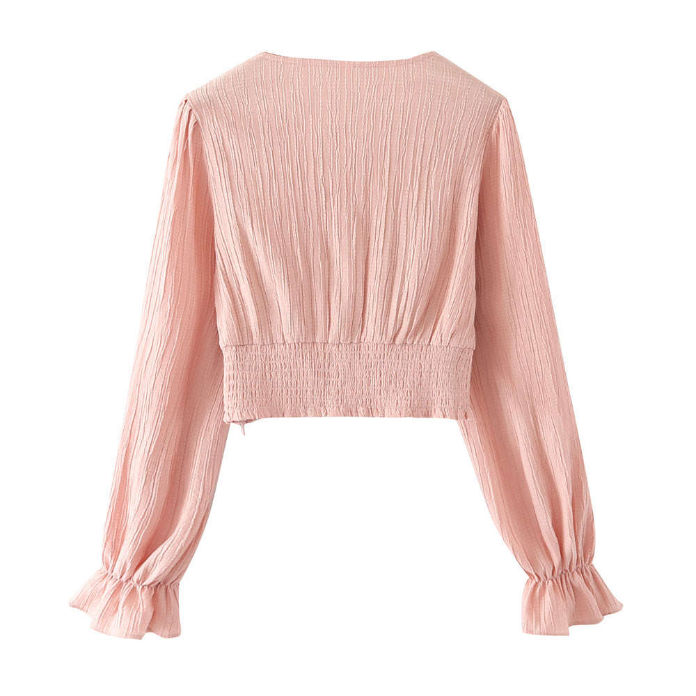 Fashion Buttons Cropped Blouse - V-Neck Polyester Top