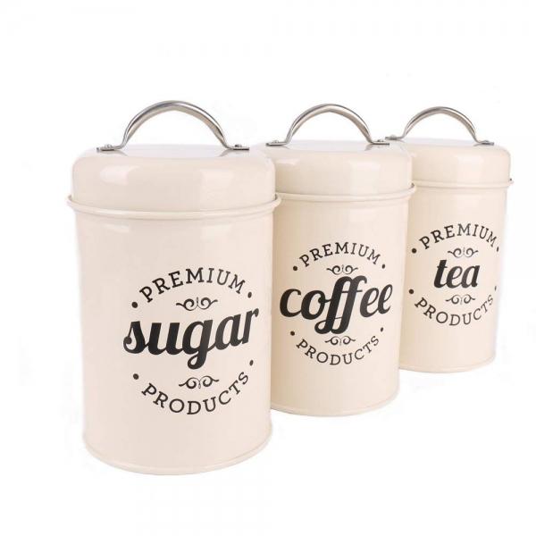 Set of 3 Metal Food Storage Tin Canisters for Coffee, Tea, and Sugar with Lid - White