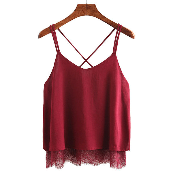 New Arrival Plain Wine Red Spaghetti Strap Lace Chiffon Camisole
