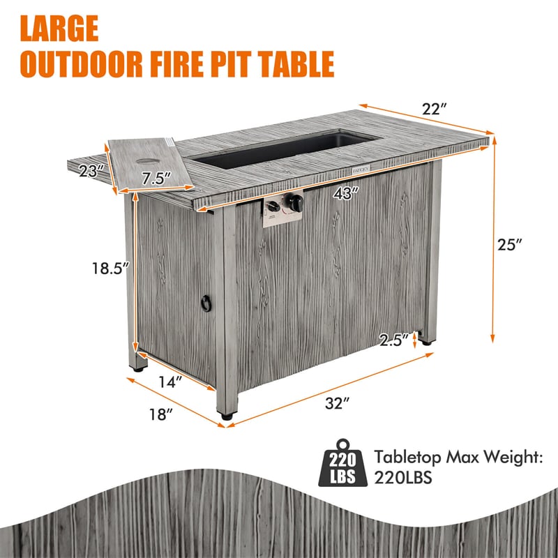 43-inch Rectangular Propane Fire Pit Table with 50,000 BTU Heating, Wood Grain Tabletop & Waterproof Cover