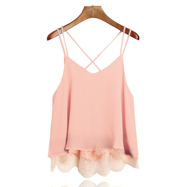 New Arrival Plain Wine Red Spaghetti Strap Lace Chiffon Camisole