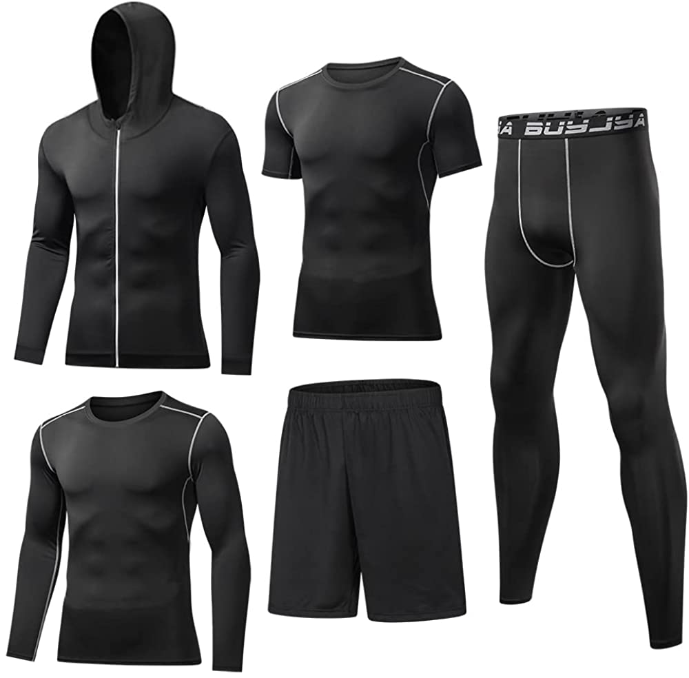 BUYJYA 5Pcs Mens Compression Pants Shirt Top Long Sleeve Jacket Athletic Sets Gym Clothing