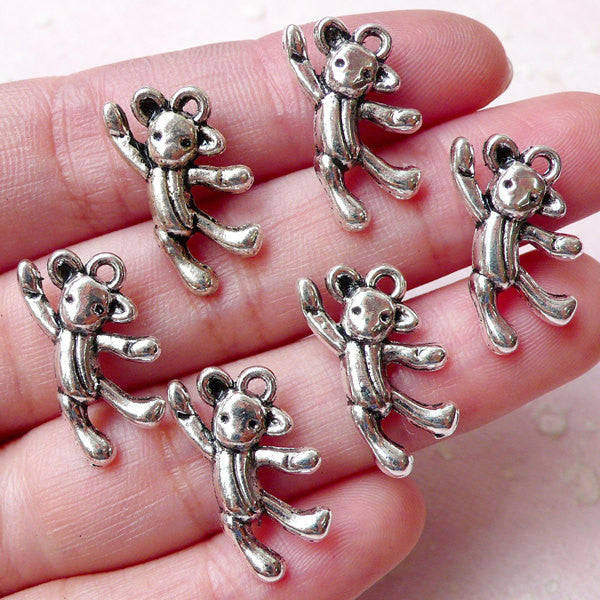 Cute Bear Doll Charms Toy (6pcs, Tibetan Silver) for Jewelry Making & Decor