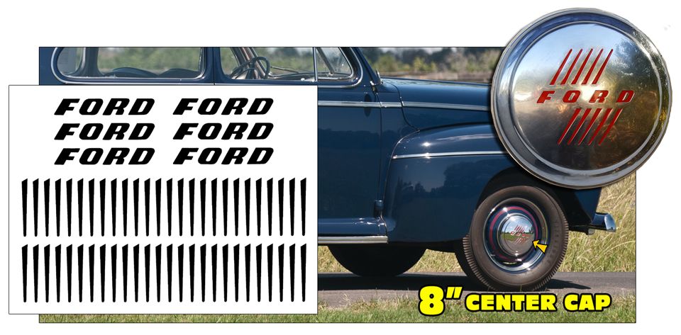 1946-47 Ford Cars 8 Hub Cap Wheel Cover FORD Letter Decals with Slashes - Set of 4 Wheels