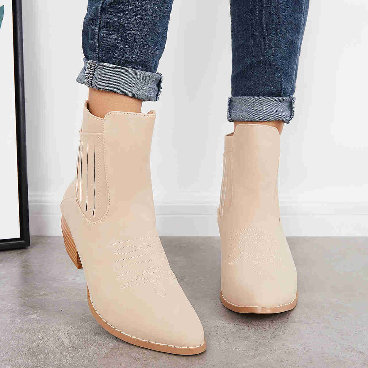 Western Cowboy Booties Chunky Stacked Heel Zipper Ankle Boots