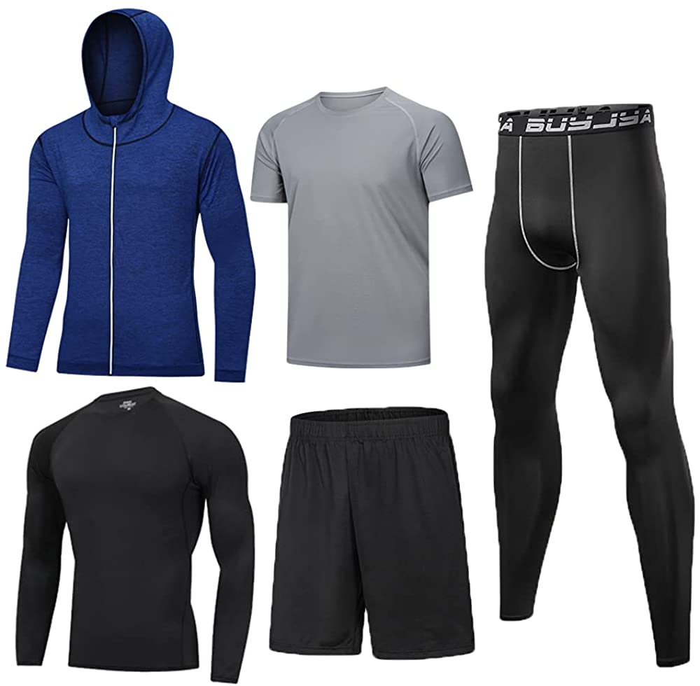 BUYJYA 5Pcs Mens Compression Pants Shirt Top Long Sleeve Jacket Athletic Sets Gym Clothing