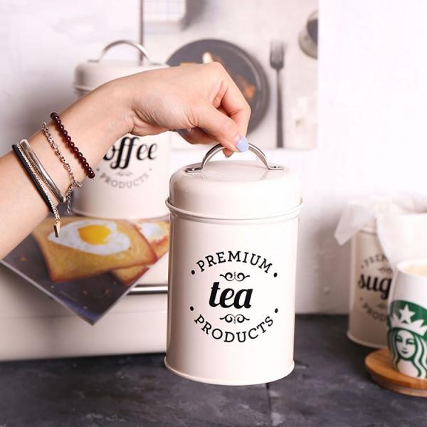 Set of 3 Metal Food Storage Tin Canisters for Coffee, Tea, and Sugar with Lid - White