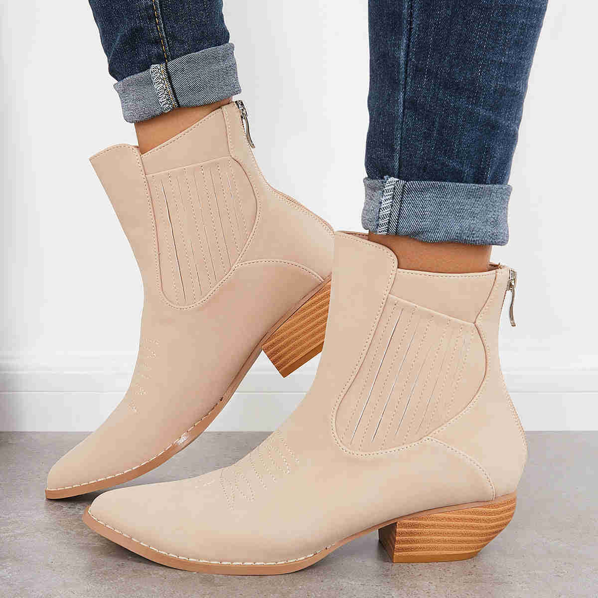 Western Cowboy Booties Chunky Stacked Heel Zipper Ankle Boots
