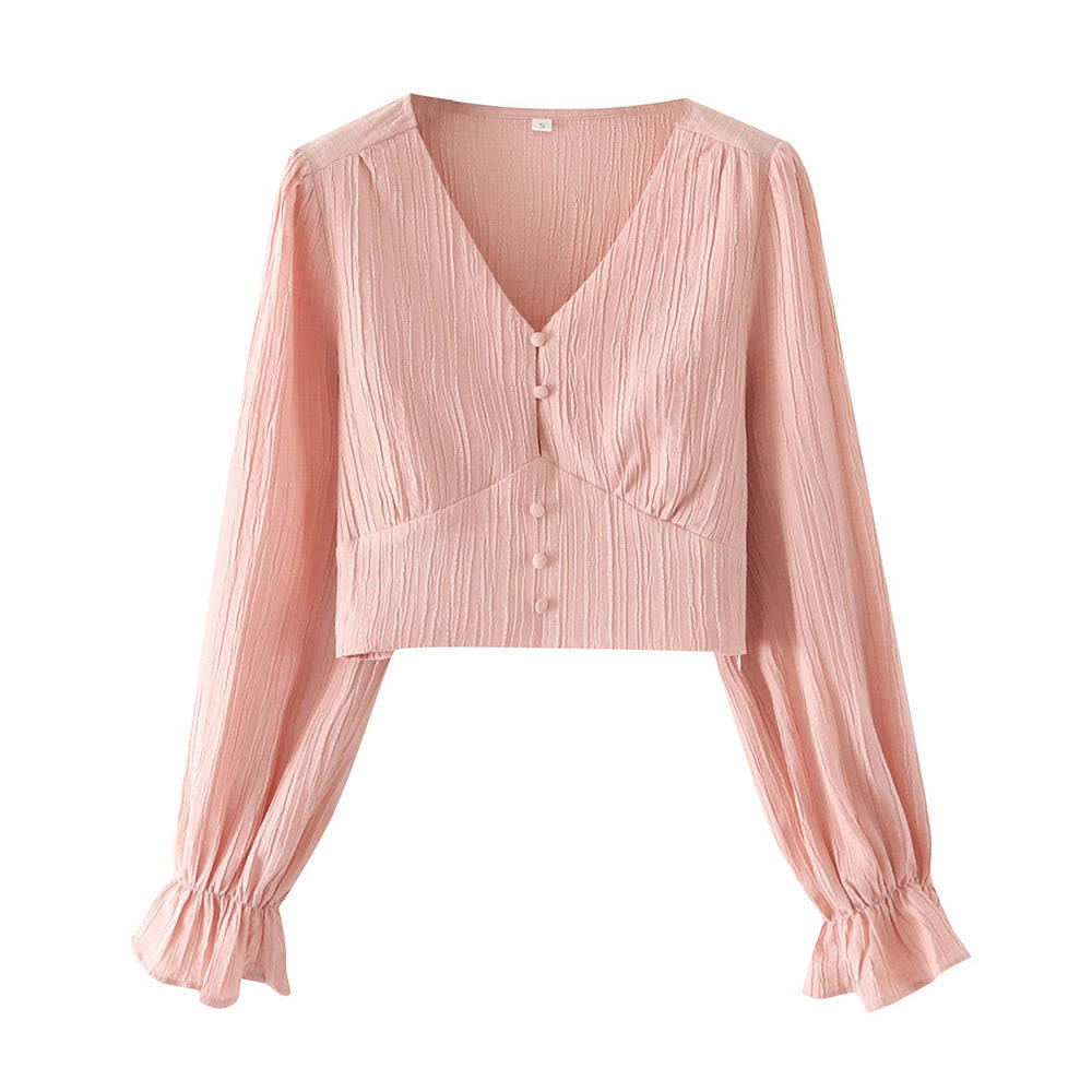 Fashion Buttons Cropped Blouse - V-Neck Polyester Top