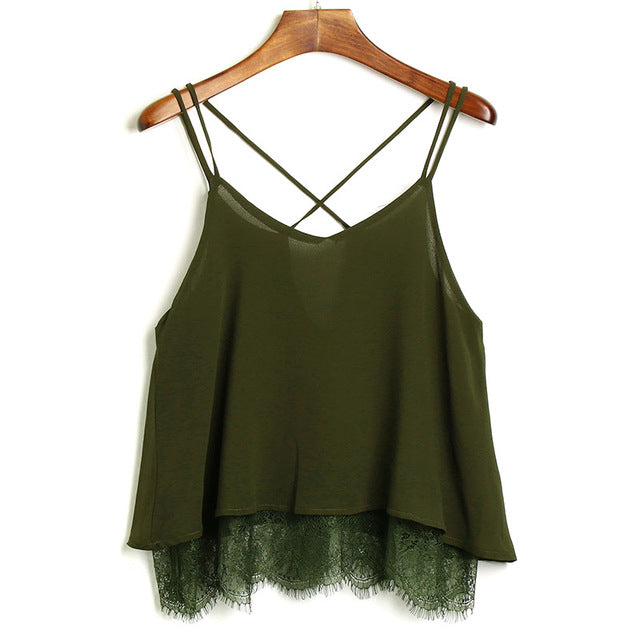 New Arrival Plain Wine Red Spaghetti Strap Lace Chiffon Camisole