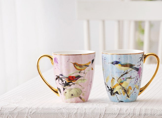 Elegant Ceramic Coffee Mug with Beautiful Bird Flower Design, Large Capacity Bone China Porcelain Mug for Office