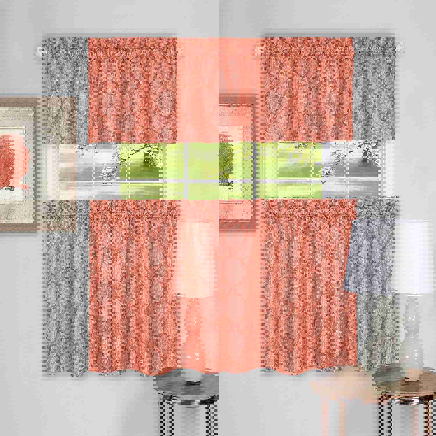 Colby 3-Piece Printed Kitchen Curtain Set, Orange, Tiers 58x36, Swag 58x14 Inches
