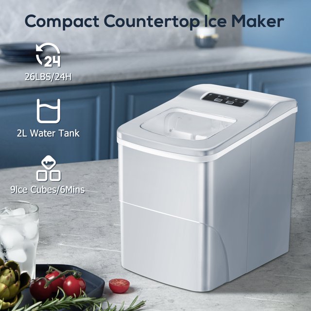KISSAIR Countertop Ice Maker Machine - Portable, Fast Ice Making, 26 lbs/24 Hrs, Grey