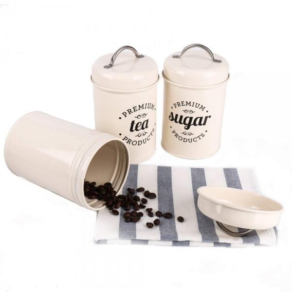 Set of 3 Metal Food Storage Tin Canisters for Coffee, Tea, and Sugar with Lid - White
