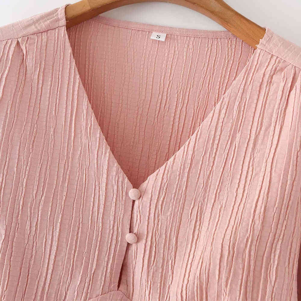 Fashion Buttons Cropped Blouse - V-Neck Polyester Top