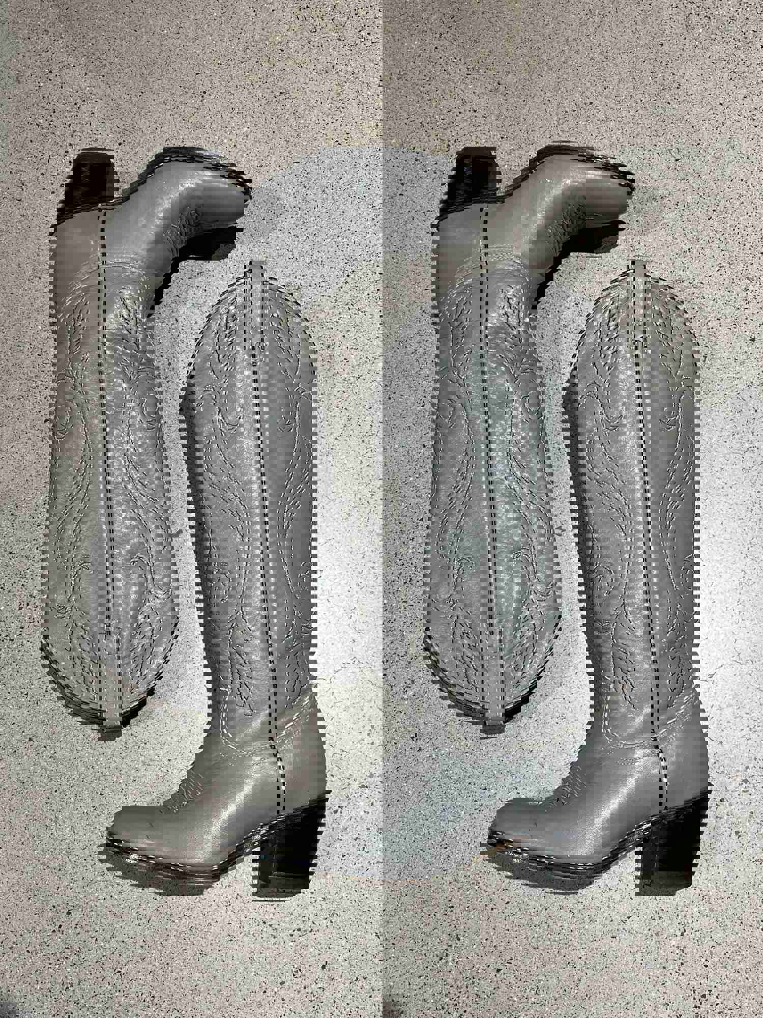 Vintage Dove Grey Cowboy Boots with Black and White Stitching