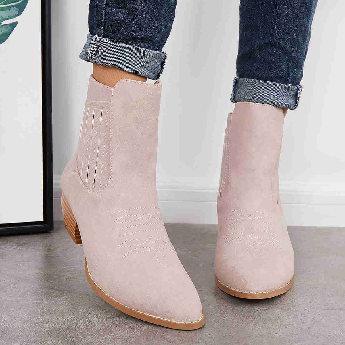 Western Cowboy Booties Chunky Stacked Heel Zipper Ankle Boots