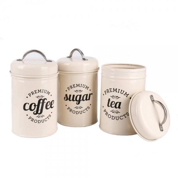 Set of 3 Metal Food Storage Tin Canisters for Coffee, Tea, and Sugar with Lid - White