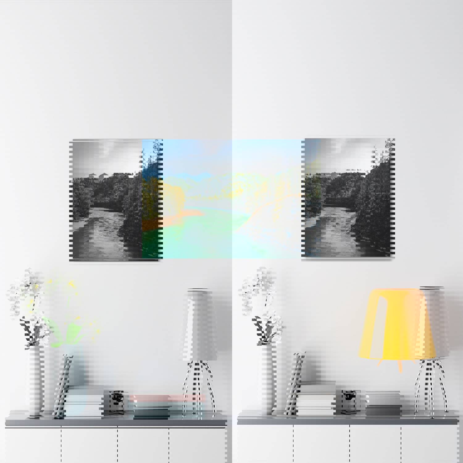 River Through Pine Tree Green Forest Nature Wilderness Photography Canvas Wall Art for Home Decor