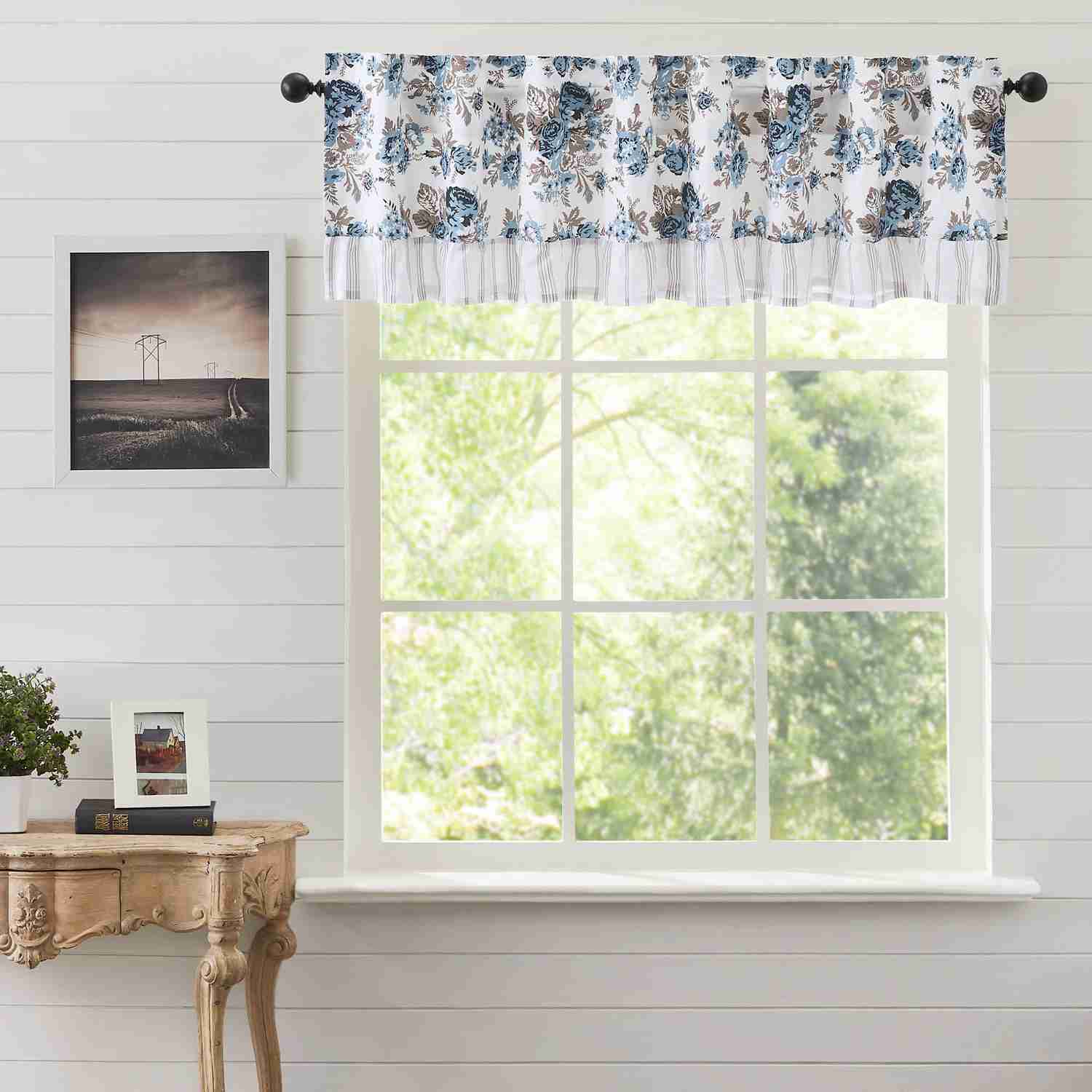 Annie Blue Floral Ruffled Valance Curtain 16x60 - French Country Style Window Decor