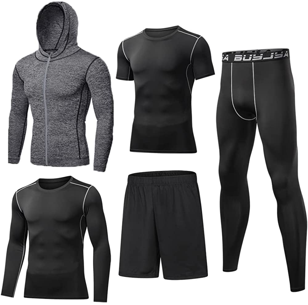 BUYJYA 5Pcs Mens Compression Pants Shirt Top Long Sleeve Jacket Athletic Sets Gym Clothing