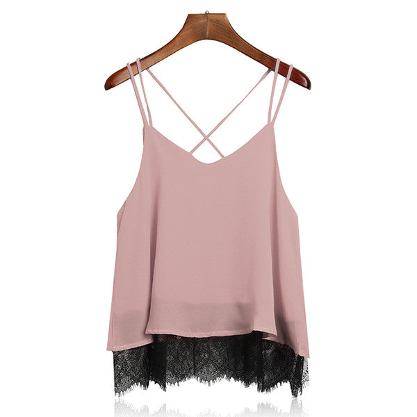 New Arrival Plain Wine Red Spaghetti Strap Lace Chiffon Camisole