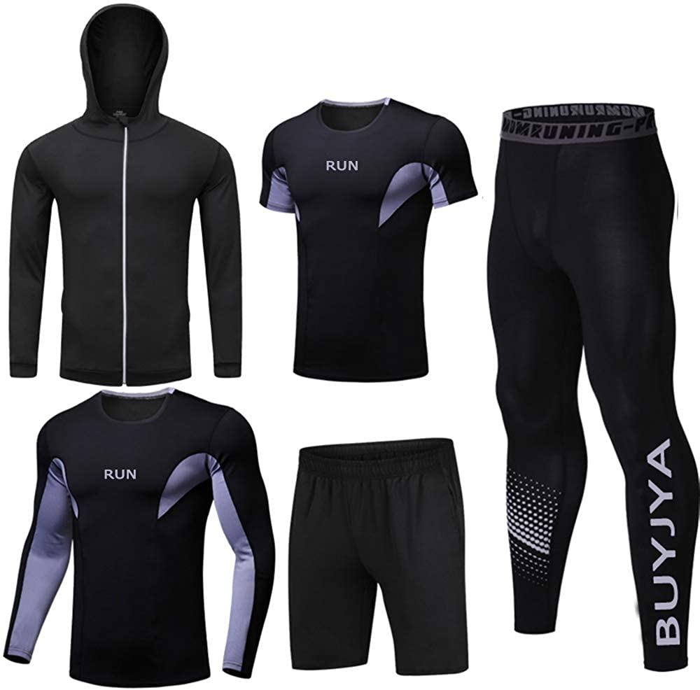 BUYJYA 5Pcs Mens Compression Pants Shirt Top Long Sleeve Jacket Athletic Sets Gym Clothing