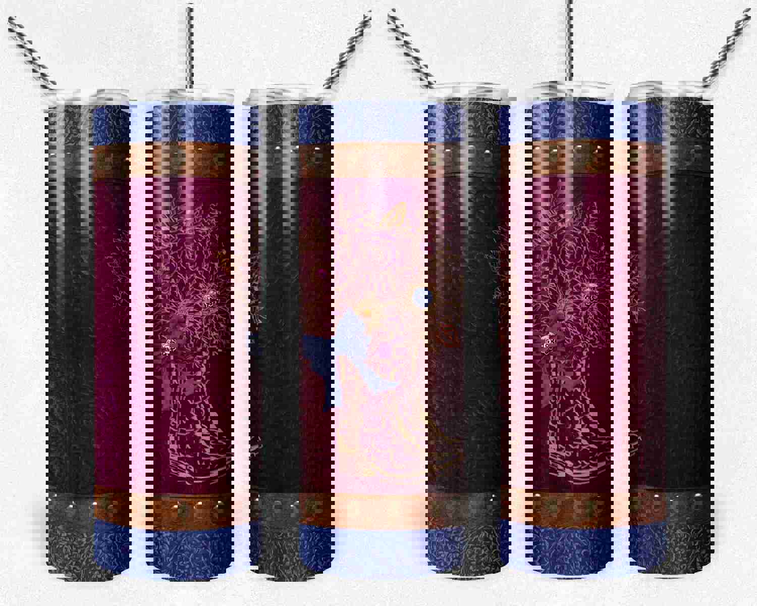 Tooled Leather Cowgirl Fall Blue Burgundy Boot with Bow - Digital Design Files