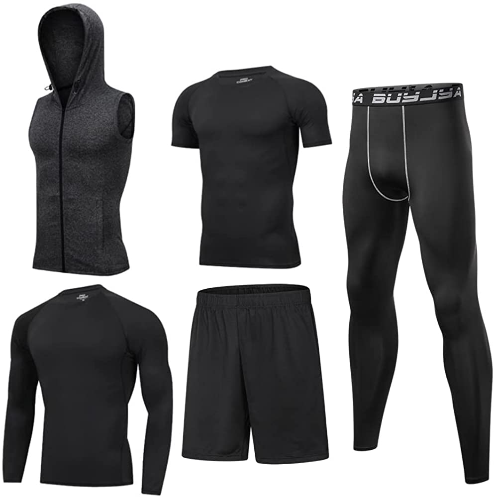 BUYJYA 5Pcs Mens Compression Pants Shirt Top Long Sleeve Jacket Athletic Sets Gym Clothing