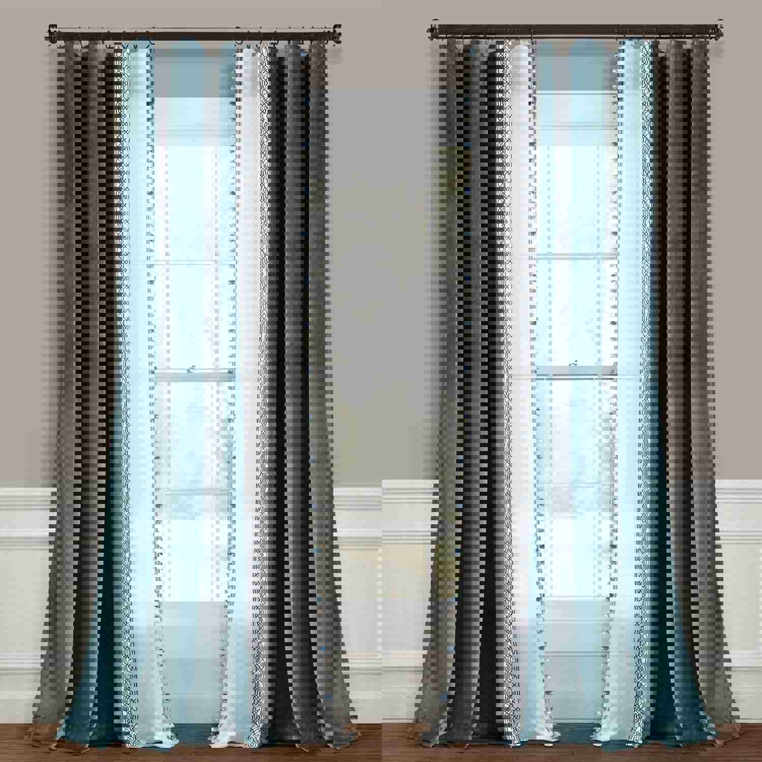Luxury Vintage Velvet & Sheer With Border Pompom Trim Window Curtain Panel
