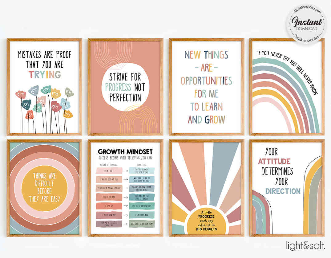 Growth Mindset Posters Set of 8 - Mental Health Decor
