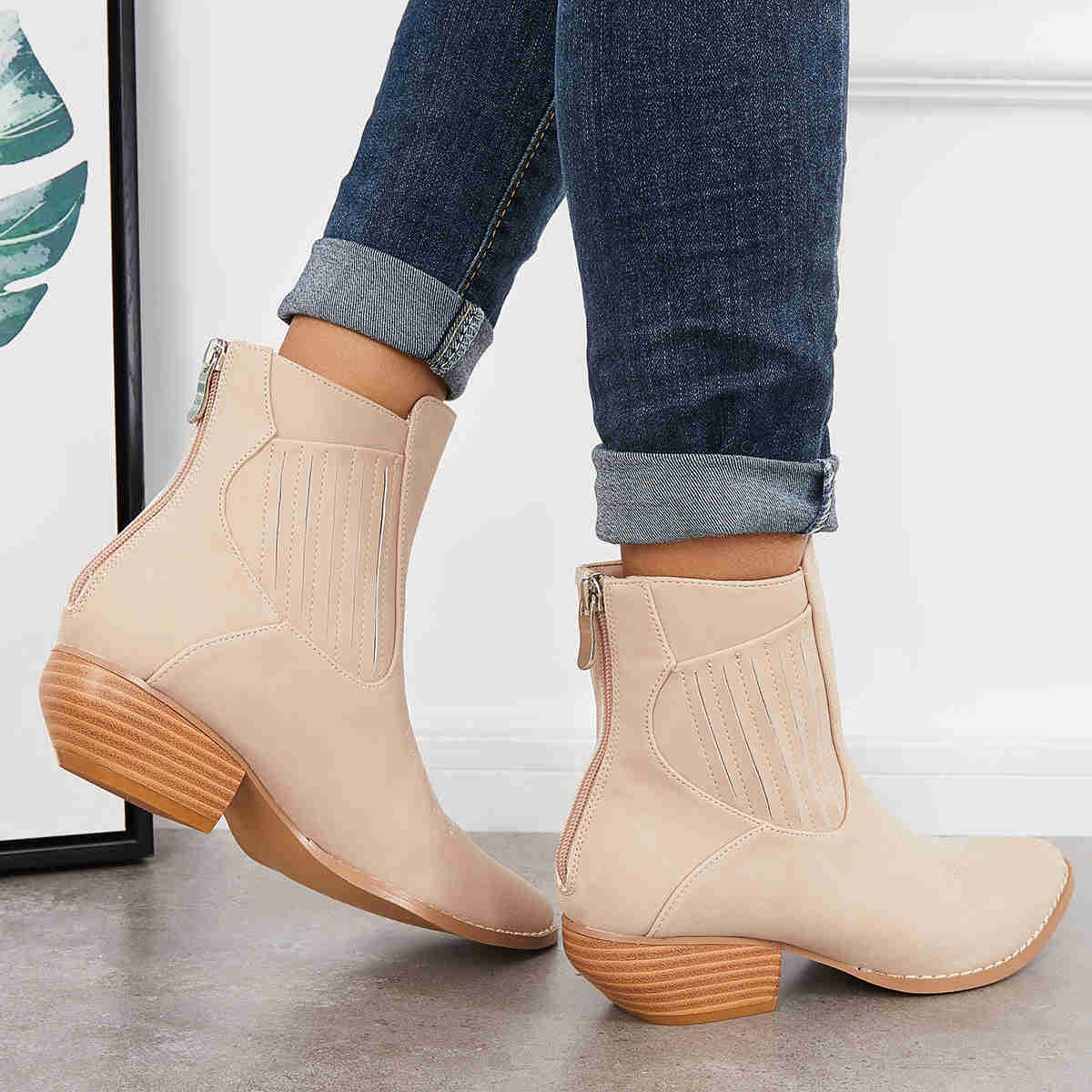 Western Cowboy Booties Chunky Stacked Heel Zipper Ankle Boots