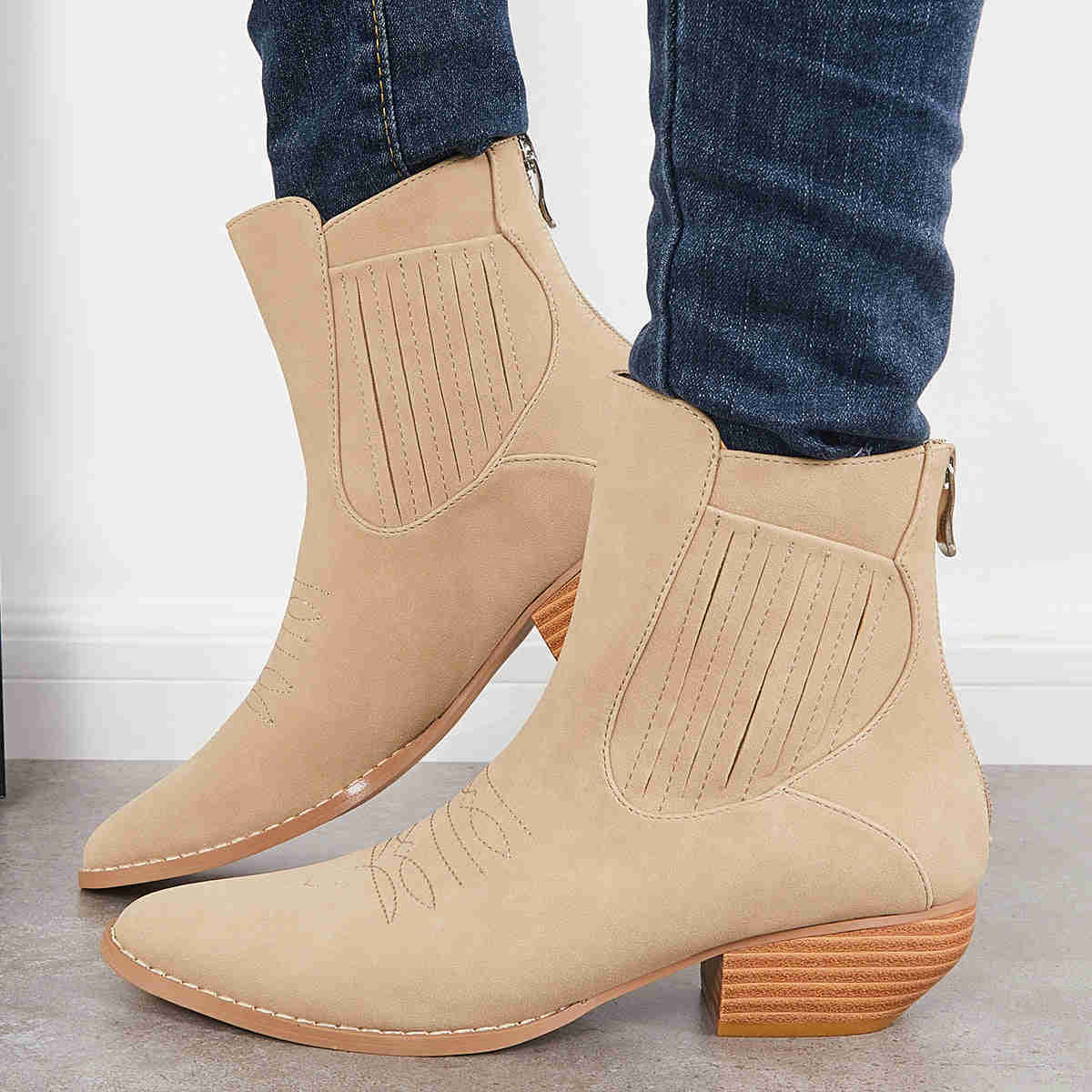Western Cowboy Booties Chunky Stacked Heel Zipper Ankle Boots