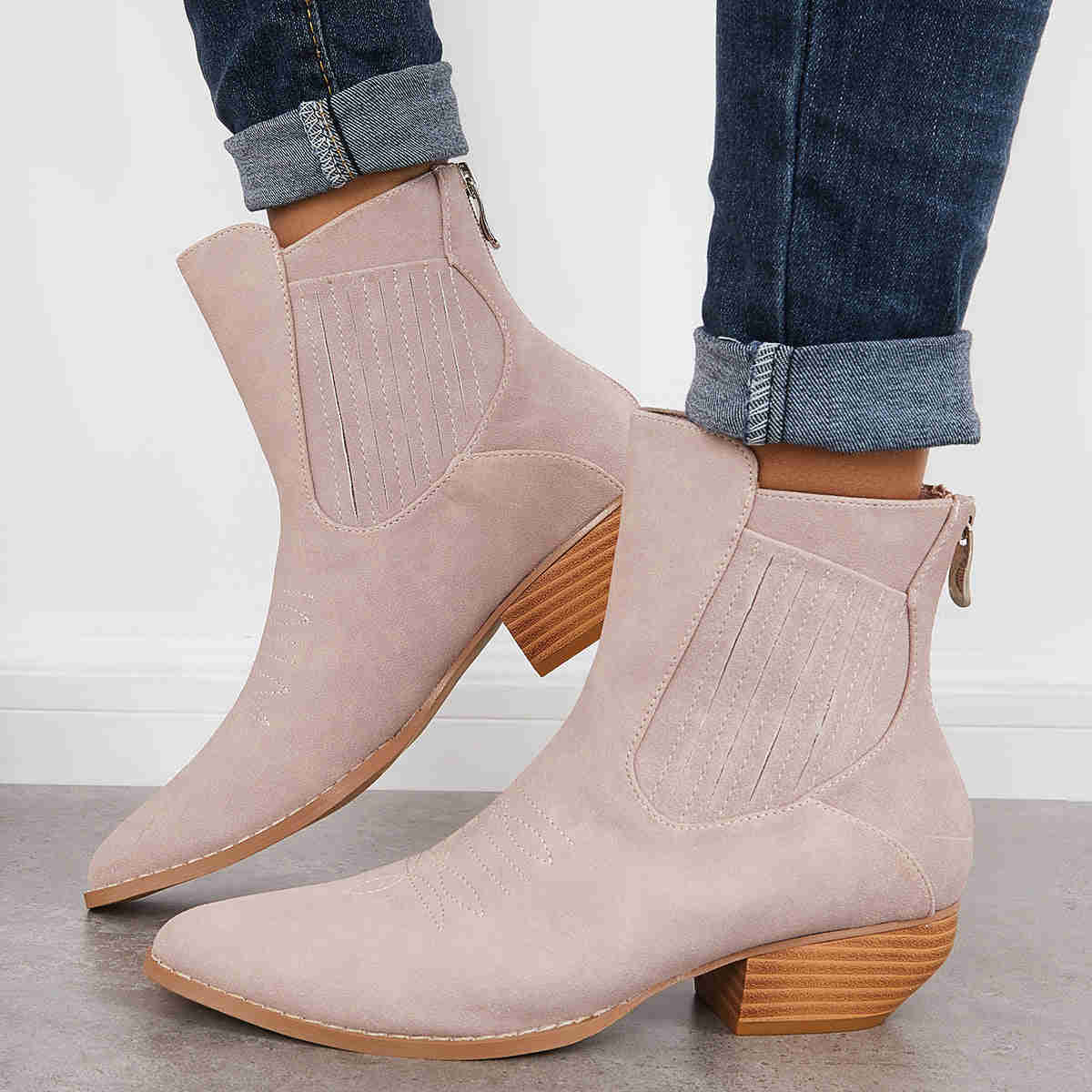 Western Cowboy Booties Chunky Stacked Heel Zipper Ankle Boots