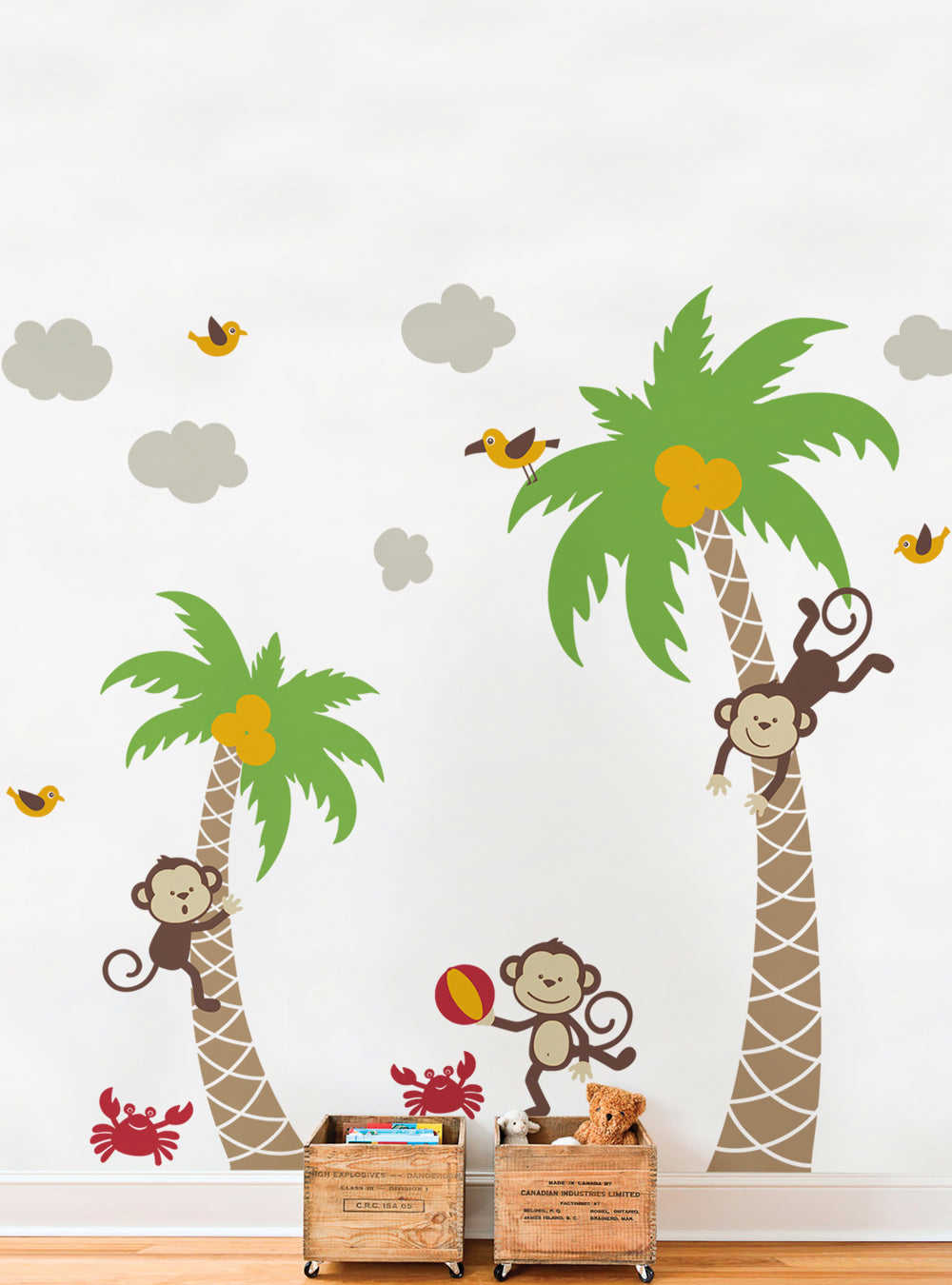 3 Monkeys with Palm Tree Wall Decal - Playful Kids Room Decor