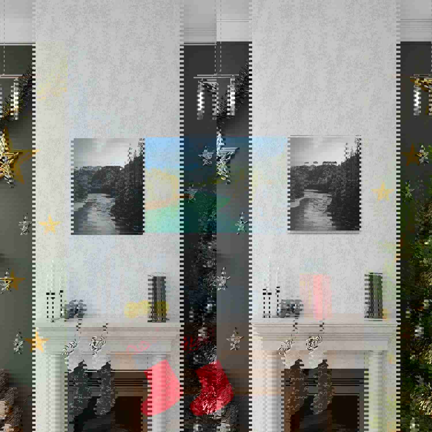 River Through Pine Tree Green Forest Nature Wilderness Photography Canvas Wall Art for Home Decor