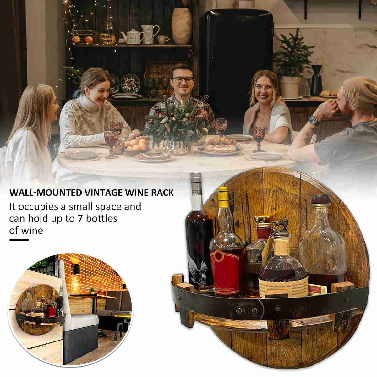 Vintage Wooden Wall Mount Wine Bottle Holder - Whiskey Display Rack for Home Bar