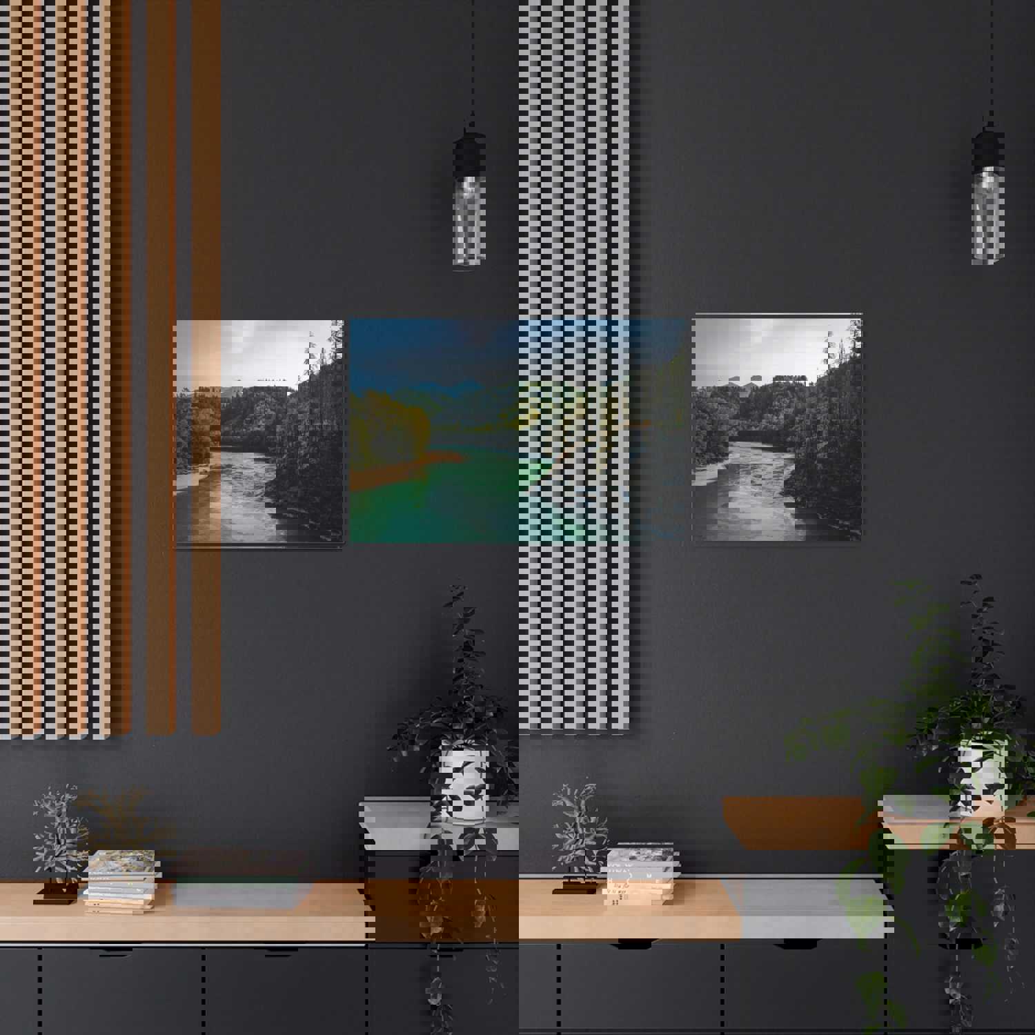 River Through Pine Tree Green Forest Nature Wilderness Photography Canvas Wall Art for Home Decor