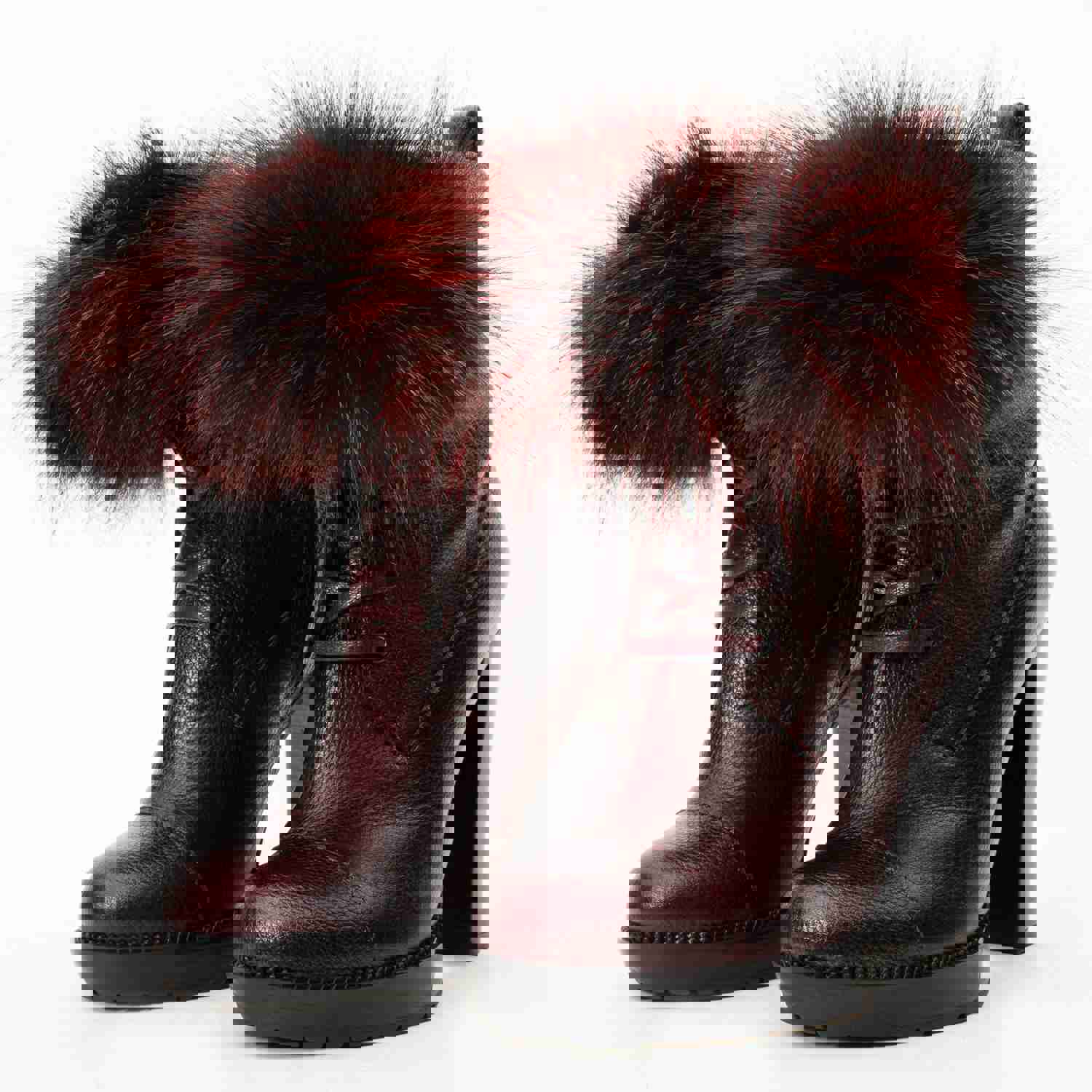 Melo Burgundy Leather Natural Mid Calf Platform Heel Women Boot