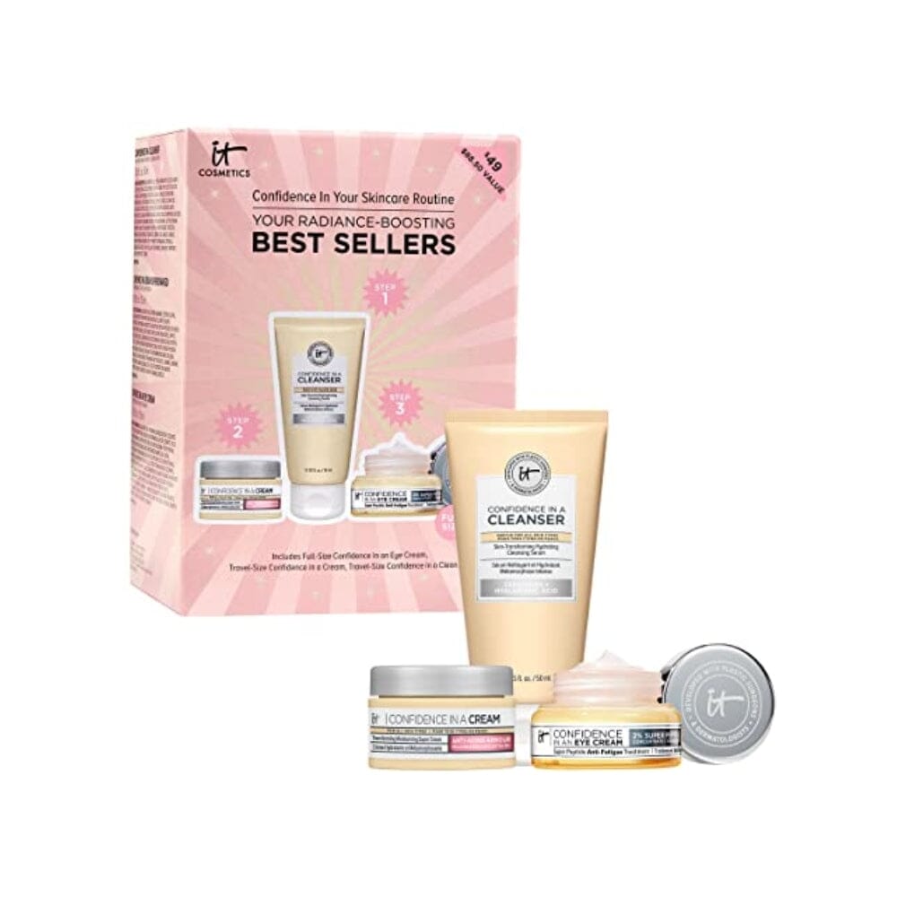 IT Cosmetics Radiance Boosting Best Sellers Skincare Gift Set – 3-Piece Set with Anti-Aging Peptide Eye Cream, Hydrating Face Moisturizer & Facial Cleanser – Vegan Kit with Travel Sizes