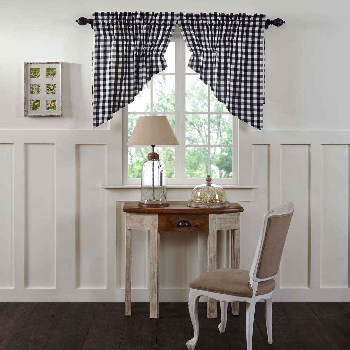 Sable Ann Buffalo Check Black and White Prairie Swag Curtain Set